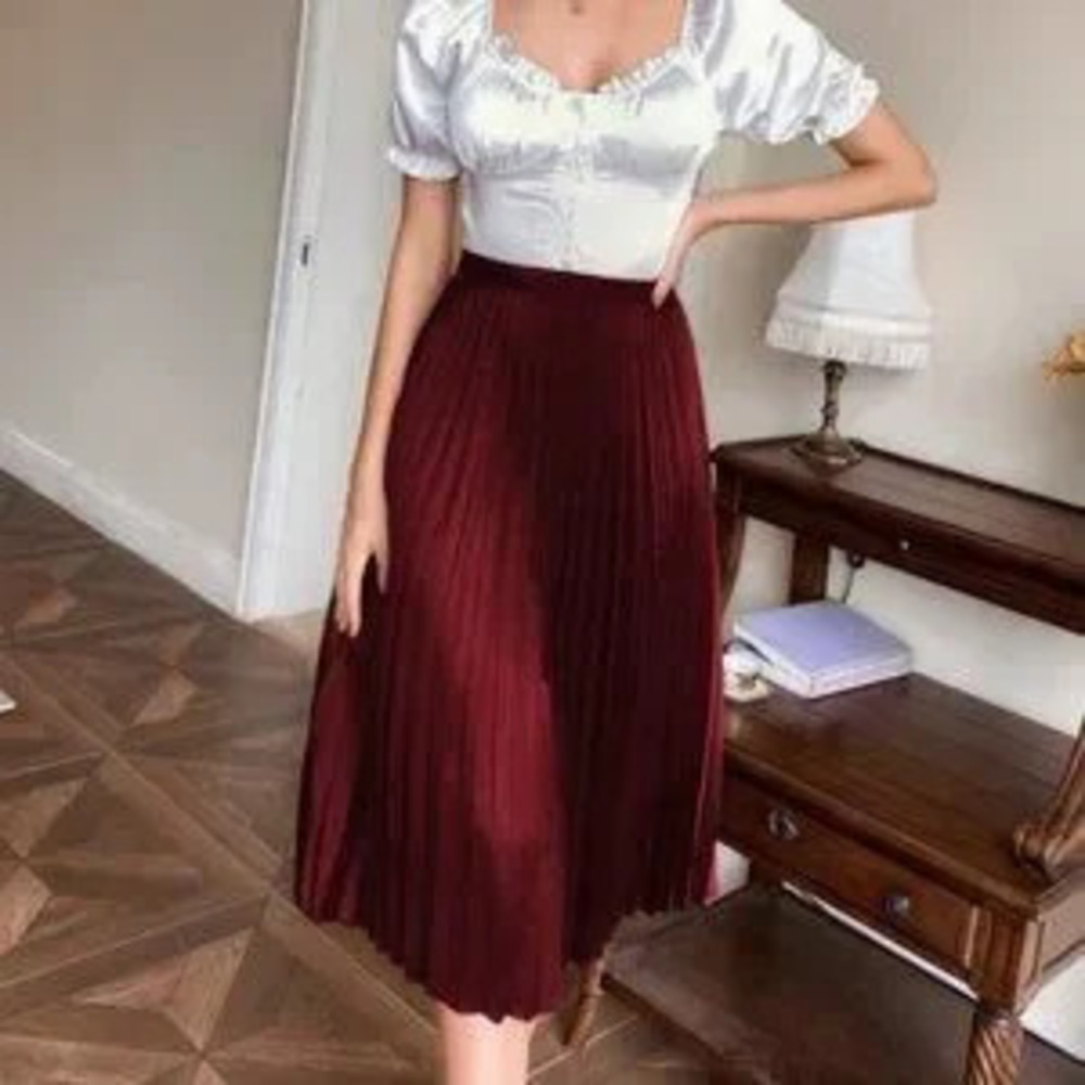 burgundy Pleated Satin Midi Skirt Evening classy chic
